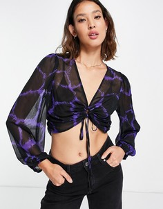 Синий кроп-топ с завязкой спереди, длинными рукавами и принтом тай-дай Topshop-Голубой