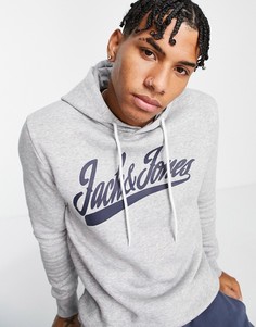 Худи светло-серого цвета без застежки с большим логотипом Jack & Jones-Серый