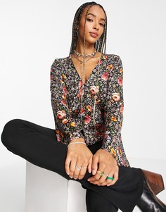 Жаккардовая блузка на пуговицах с разноцветным цветочным принтом и расклешенными рукавами Topshop-Разноцветный