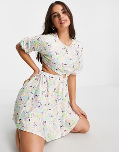 Фактурное платье мини с кольцом и пастельным цветочным принтом ASOS DESIGN-Разноцветный