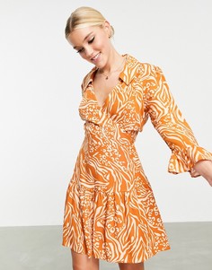 Чайное платье на запахе с воротником и звериным принтом Miss Selfridge-Коричневый цвет