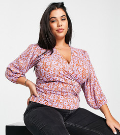 Эластичная блузка с запахом, пышными рукавами и цветочным принтом в стиле ретро ASOS DESIGN Curve-Разноцветный