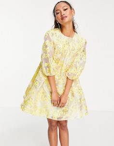 Желтое жаккардовое платье мини с пышными рукавами и эффектом металлик ASOS DESIGN-Разноцветный