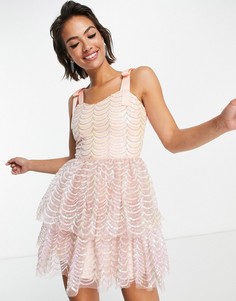Многослойное платье с пайетками розового цвета VL the Label-Серебряный Virgos Lounge