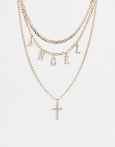 Многорядное колье с подвесками в виде ангела и крестика золотистого цвета ASOS DESIGN-Золотистый