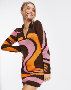 Трикотажное платье мини с открытым воротником и витым узором ASOS DESIGN-Коричневый цвет