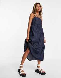 Многоярусное джинсовое платье цвета индиго Topshop-Голубой