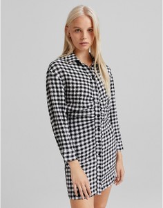Черное платье-рубашка в мелкую клетку с присборенной отделкой Bershka-Черный цвет