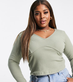 Оливковый топ в рубчик с глубоким вырезом и декоративным швом на груди ASOS DESIGN Curve-Зеленый цвет