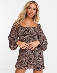 Красное платье мини с объемными рукавами и цветочным принтом Missguided-Разноцветный
