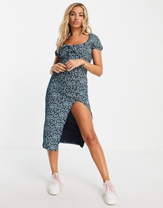 Синее платье с объемными рукавами и цветочным принтом Missguided-Разноцветный