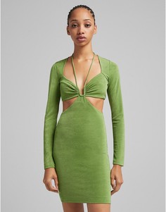 Зеленое платье мини с квадратной горловиной и вырезом Bershka-Зеленый цвет