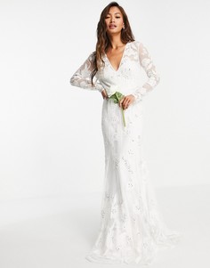 Свадебное платье с глубоким вырезом, длинными рукавами и цветочной вышивкой ASOS EDITION Ivy-Белый