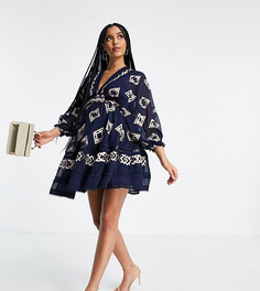 Платье мини с вышивкой и пышными рукавами на манжетах ASOS DESIGN Maternity-Голубой