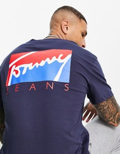 Темно-синяя футболка с логотипом на груди и спине в стиле колор блок Tommy Jeans-Темно-синий
