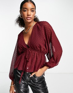 Блузка из ткани добби ягодного цвета с завязками спереди ASOS DESIGN-Красный