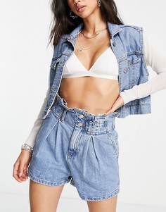 Синие выбеленные шорты из денима с присборенной талией Topshop-Голубой