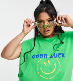 Майка в стиле oversized и в винтажном стиле с принтом «Good luck» Native Youth Plus-Зеленый цвет