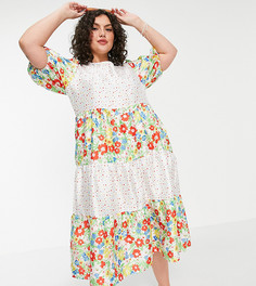 Платье миди с присборенной юбкой и комбинированными принтами в цветочек и горошек в стиле пэчворк Twisted Wunder Plus-Многоцветный