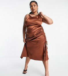 Атласное платье миди шоколадного цвета на бретельках со сборками сбоку Public Desire Curve x Amber Gill-Коричневый цвет