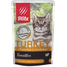 Влажный корм для кошек BLITZ Sensitive, индейка с печенью, 24шт по 85г