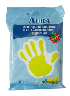 Влажные салфетки Aura Антибактериальные с лимоном 15 шт
