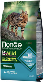 Сухой корм для кошек Monge BWild Grain Free Sterilised, тунец и горох, 1,5кг