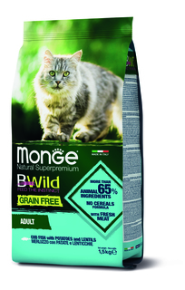 Сухой корм для кошек Monge Bwild Grain Free Adult с треской, картофелем и чечевицей, 1,5кг