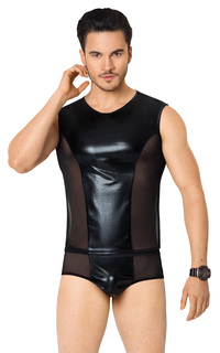 Костюм сетка + wetlook мужской SoftLine Collection (майка, шорты), черный, M/L