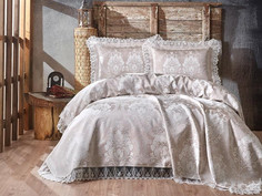 Покрывало с гипюром и наволочками из элитного жаккарда KARNA BEGONYA бежевое 260х260