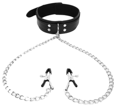 Черный ошейник с зажимами на соски на цепочке Bior toys