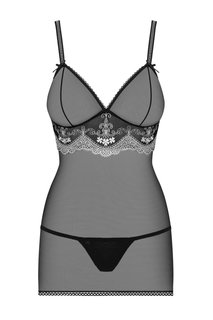 Полупрозрачная сорочка с кружевным декором под лифом, черный, L-XL, Obsessive