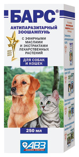 Шампунь для кошек и собак Барс Антипаразитарный, экстракты пеларгонии и гвоздики, 250 мл АВЗ