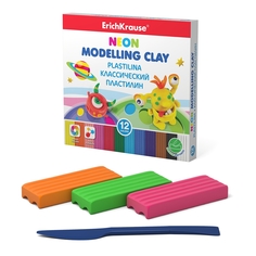 Классический пластилин ErichKrause® Monsters Neon 12 цветов со стеком, 180г (коробка)
