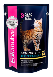Влажный корм для кошек Eukanuba Senior Top Condition, с курицей в соусе, 24шт по 85г