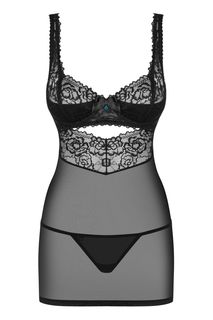 Сорочка коротенькая прозрачная изысканная на тоненьких бретелях L/XL черный Obsessive