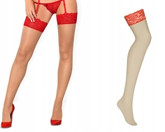 Телесный чулки под пояс с яркой кружевной резинкой бежевый, красный 4-5 Obsessive