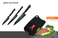 Набор из 3 ножей "Samura SHADOW" и разделочной доски Samura Fusion