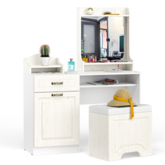 Стол туалетный с пуфом Ливерпуль 12.46+10.118+10.117+14.02 ясень ваниль/белый Mobi