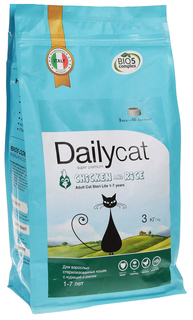Сухой корм для кошек Dailycat Indoor, для домашних, курица и рис, 3кг