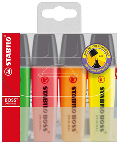 Текстмаркеры Stabilo Boss Original, набор 4 шт., скошенный наконечник 2-5 мм, 70/4