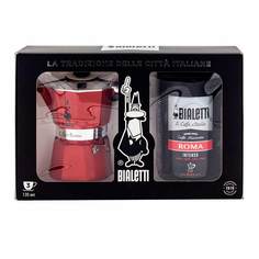 Гейзерная кофеварка Bialetti Moka Express red на 3 порции и молотый кофе Roma 250гр