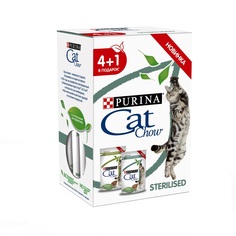 Влажный корм для кошек Cat Chow 4+1: курица, баклажаны, 3х85г + ягненок, фасоль, 2х85г