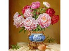 Алмазная мозаика 30х30 БУЗИН. ПИОНЫ В КИТАЙСКОЙ ФАРФОРОВОЙ ВАЗОЧКЕ (26 цветов) Molly