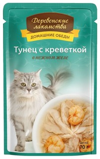 Влажный корм для кошек Деревенские лакомства, с тунцом и креветкой в желе, 70г