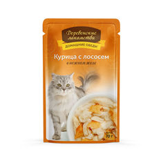 Влажный корм для кошек Деревенские лакомства, с курицей и лососем в желе, 70г