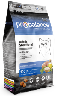 Сухой корм для стерилизованных кошек и кастрированных котов Probalance Sterilized, 1,8 кг