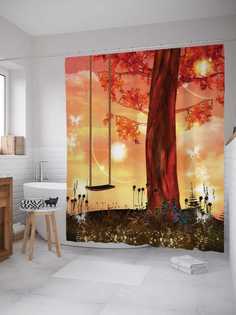 Штора для ванной JoyArty "Сказочные качели" из сатена, 180х200 см с крючками