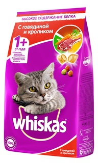 Сухой корм для кошек Whiskas, подушечки с паштетом, ассорти с говядиной и кроликом, 1,9кг