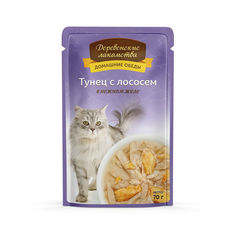 Влажный корм для кошек Деревенские лакомства, с тунцом и лососем в желе, 70г